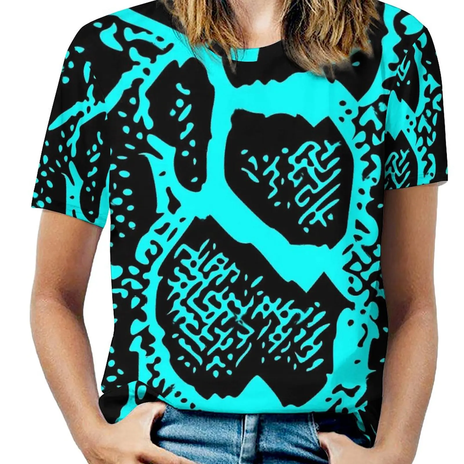 Snakeskin T Shirts Cyan and Black Python Skin Classic Oversized T Shirt Short Sleeve Womens Funny Tshirt Summer Custom Clothing