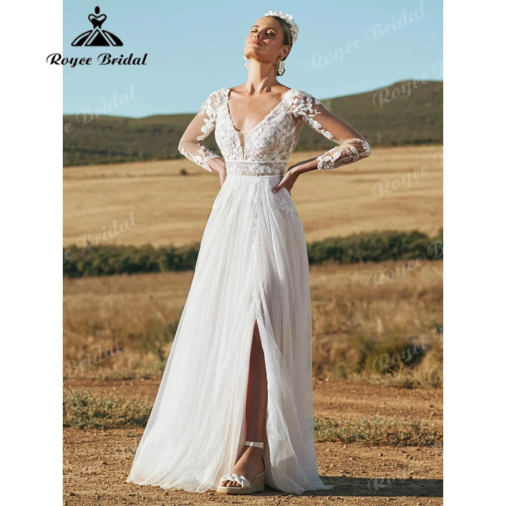 Plunge V Neck Sheer Long Sleeve Lace Wedding Dress Deep Open Back High Split Flowy Tulle A-line  Vestido De Novia Customized
