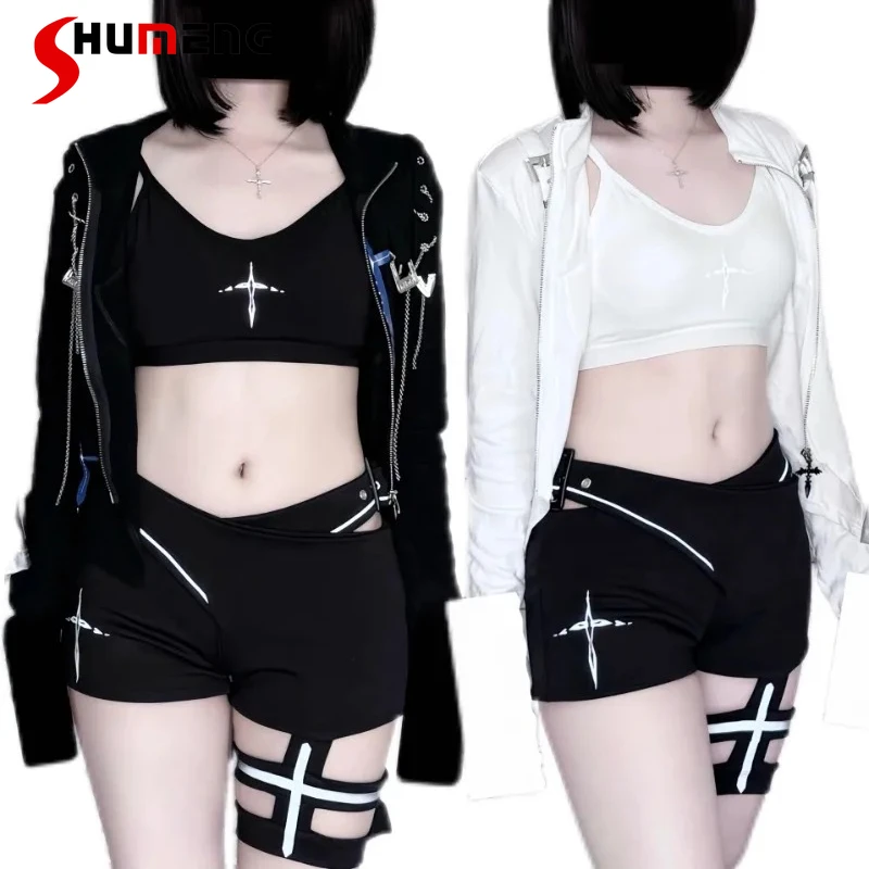 

Japanese Reflective Subculture Functional Style Vintage Short Pants Soft Girl Strap Waist Summer Slim Fit Skinny Shorts Ladies