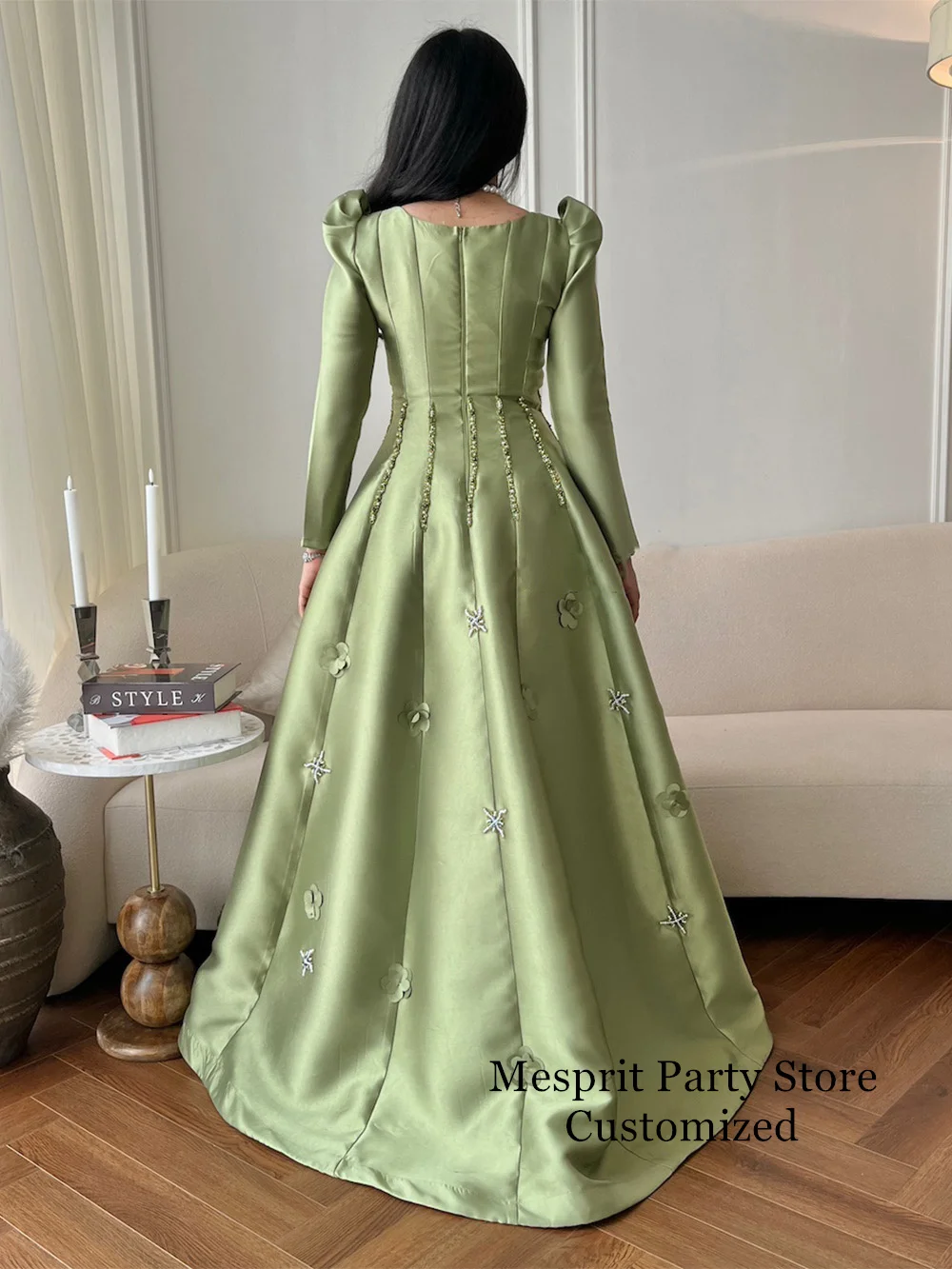 Olive Green Prom Dress Arab Party Gown Customized Long Sleeves Beading Pearls A Line Satin Evening Dresses فساتين سهرة