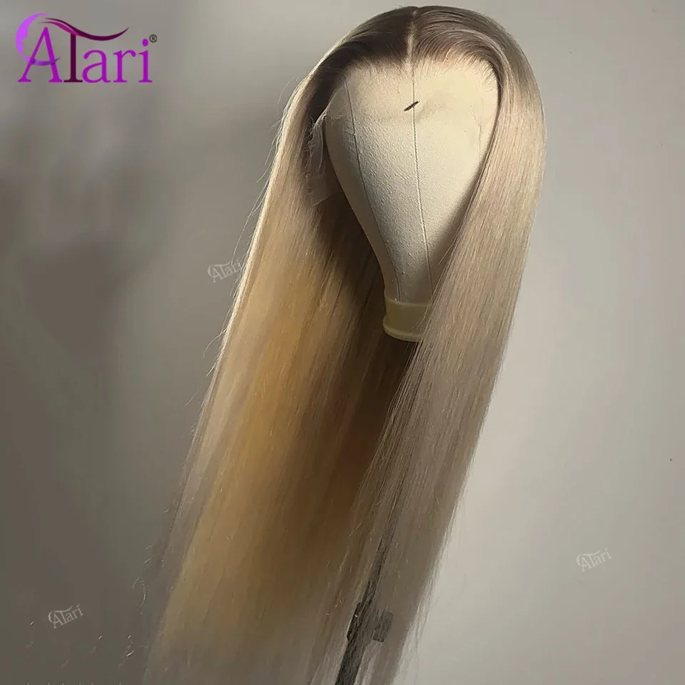 13x4 Ombre Ash Blonde Brown Roots Lace Frontal Straight Wig Transparent Lace Front Human Remy Hair Wigs for Women Pre Plucked