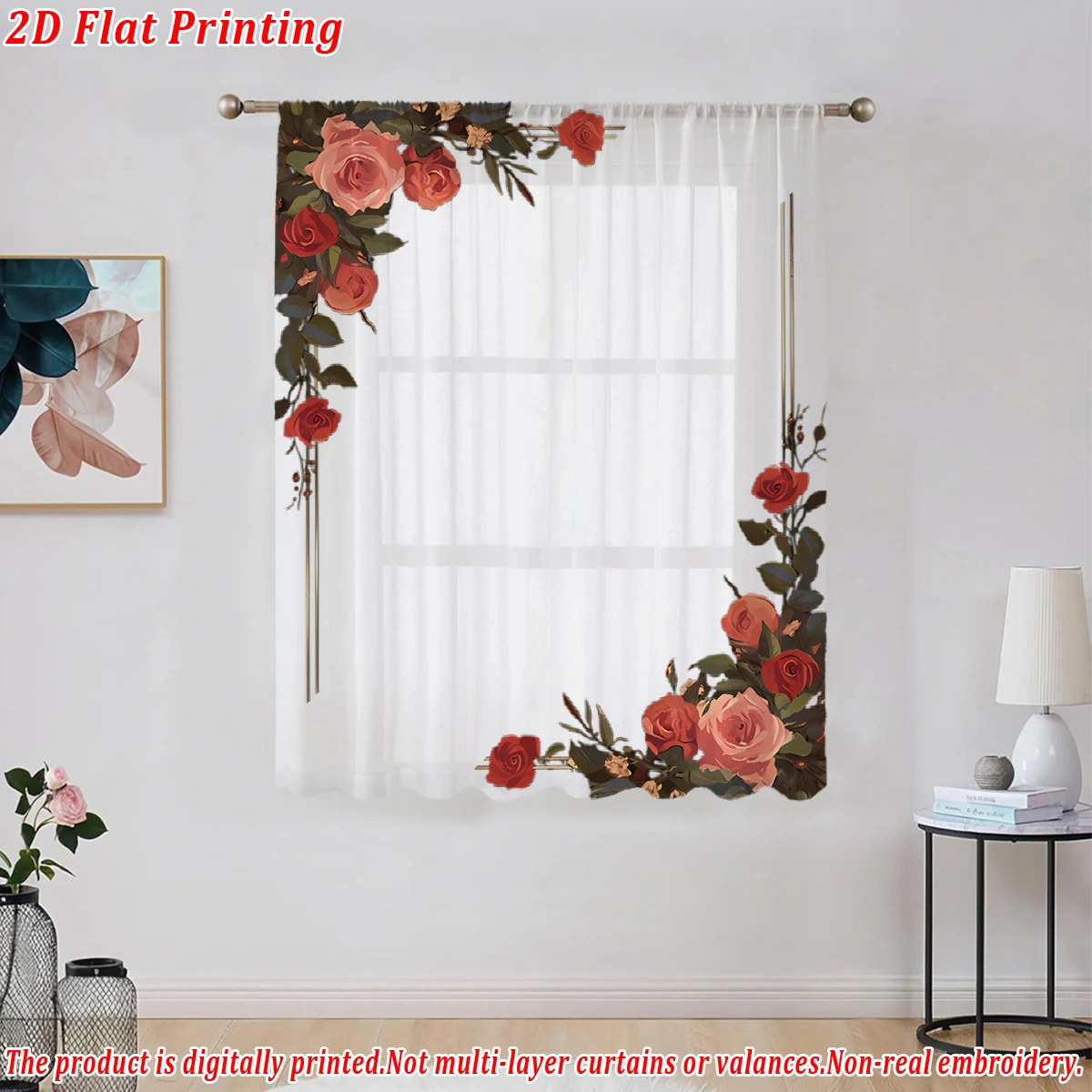 ستارة شفافة مطبوعة مسطحة على شكل ورود ملونة، قماش خفيف، لغرفة المعيشة وغرفة النوم وديكور المنزل والنافذة