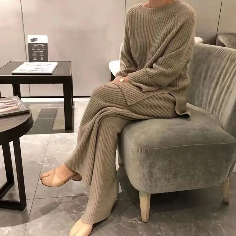 Two Piece Pant Sets Knit Sweaters Suit Full Sleeve Stand Collar Pullover Loose Casual Wide Leg Pants Solid Thick Suits