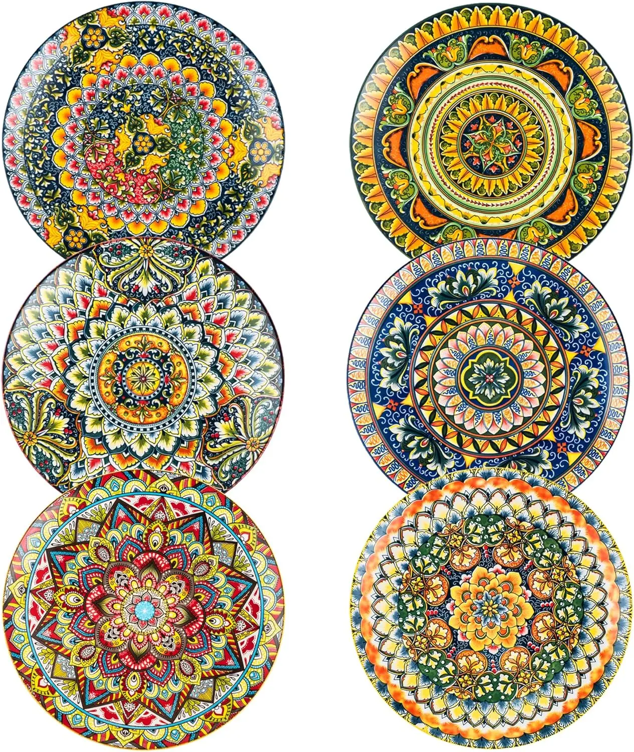 

Set of 6 Colorful Bohemian Porcelain Plates, 10.5 Inch, Microwave & Dishwasher Safe for Kitchen, Pasta, Salad