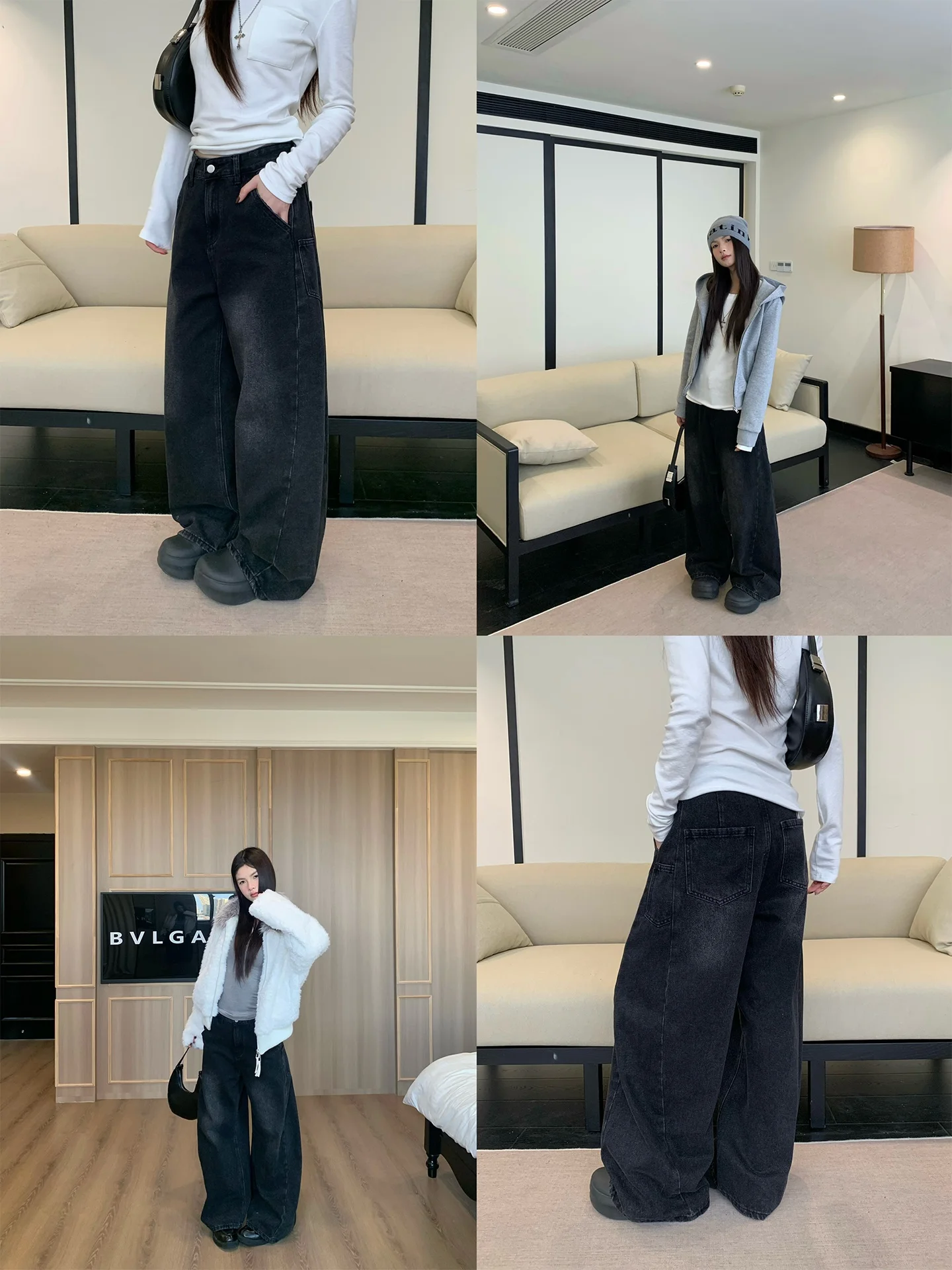 

Winter Charcoal ey Wide Leg High Waist Loose Straight Cut Pants Women's Casual Jeans Floor Length Knife Trousers