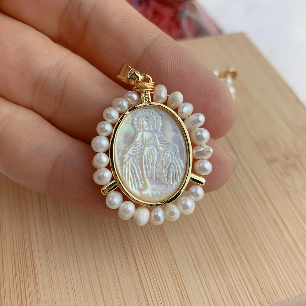 

New freshwater pearl white Fritillaria pendant, Virgin Mary necklace pendant, DIY accessory accessories