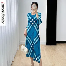 Miyake Dress Women's 2024 Spring and Autumn Season New Print Slim Fit Round Neck Shows Thin Temperament Pleated Long Dress