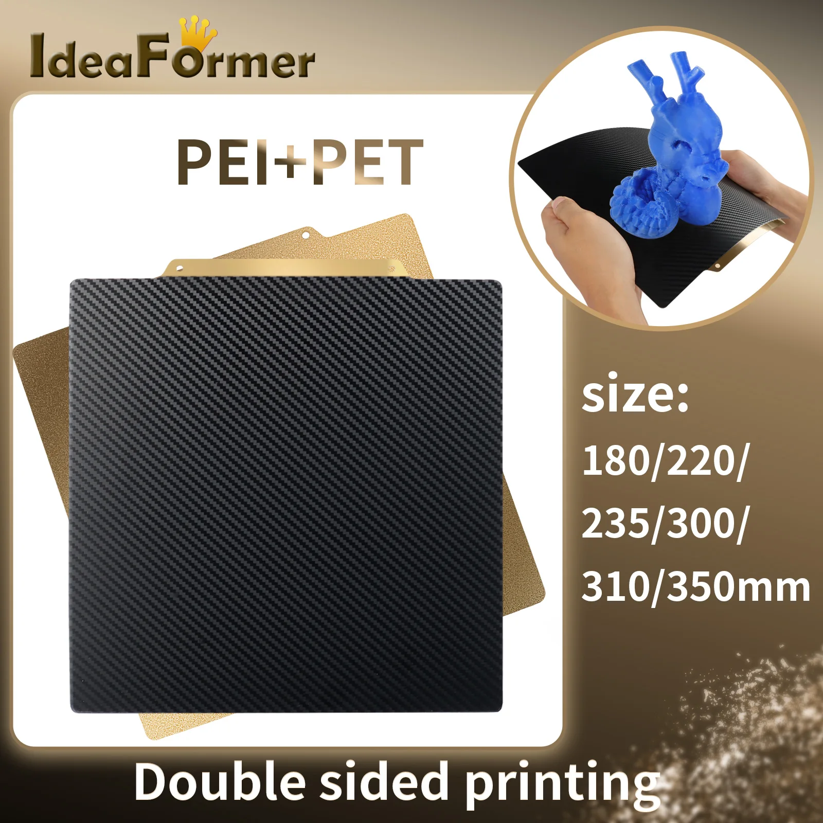 IdeaFormer Double Sided Carbon Fiber PET+PEI Spring Steel Sheet with Magnetic Base 3D Printer Hot Heat Bed for Ender 3/5/CR10