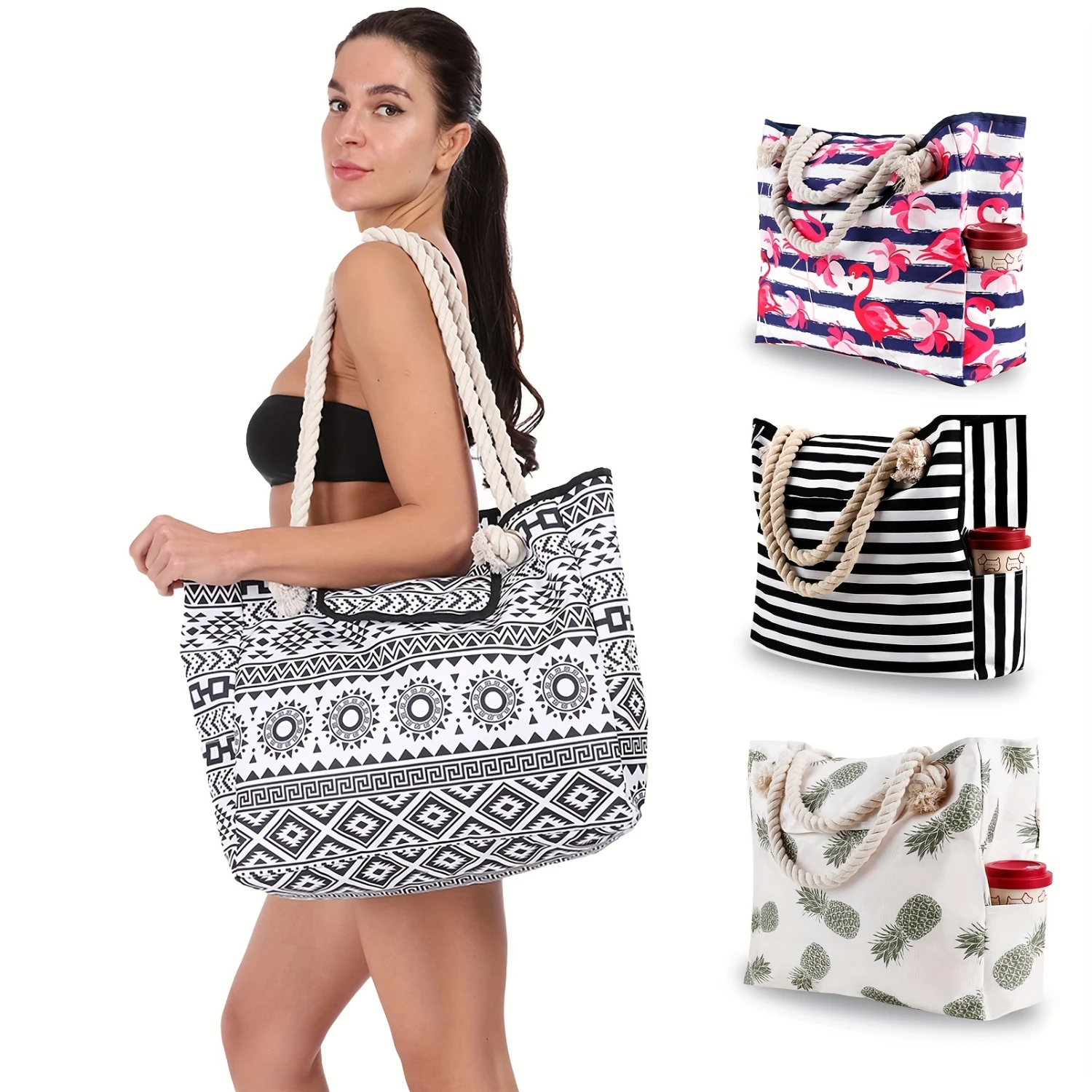 Extra Large Fashion Printed Canvas Beach Tote Bag With 4 Inner Pockets For Travel, Gym, Swim And Beach Holiday