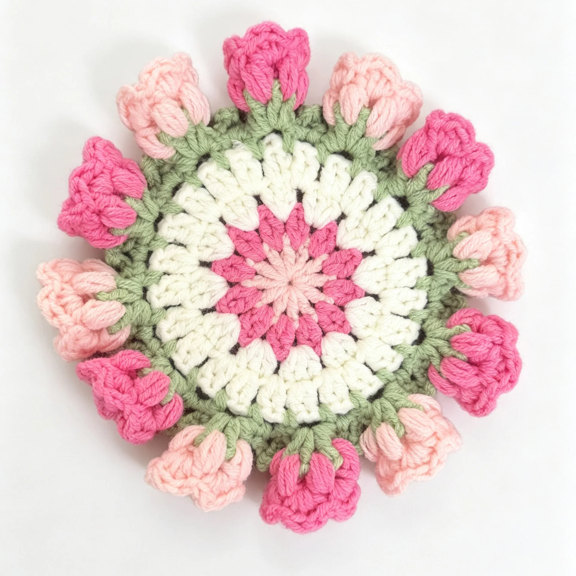 Fertige gewebte Glockenblumen-Tassenuntersetzer, hübsche gestrickte Rosenblumen-Kaffeetassenuntersetzer, gehäkelte Untersetzer mit Pflanzenmotiv – Detail 1