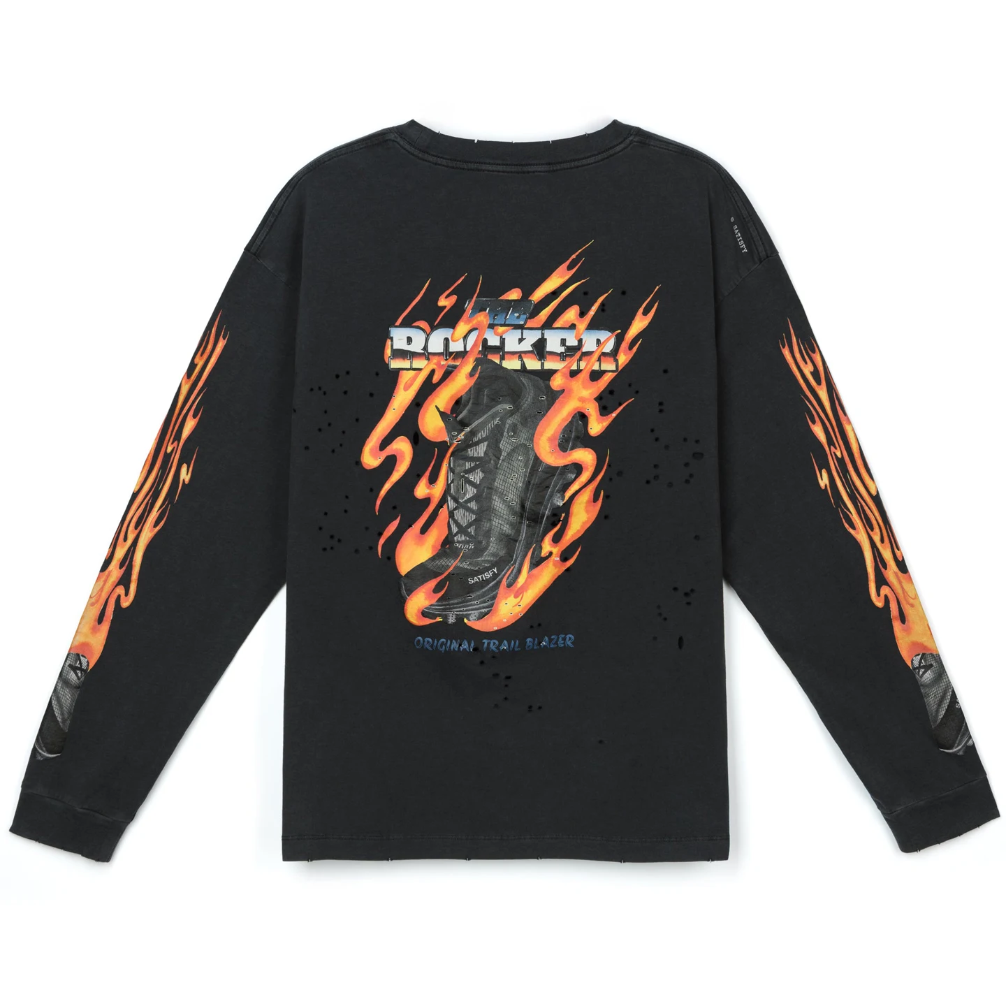 MothTech Retro Street Style Long Sleeve T-Shirt Men's Black Trendy Brand Pure Cotton Print Flame Pattern Running Sweat Absorbent