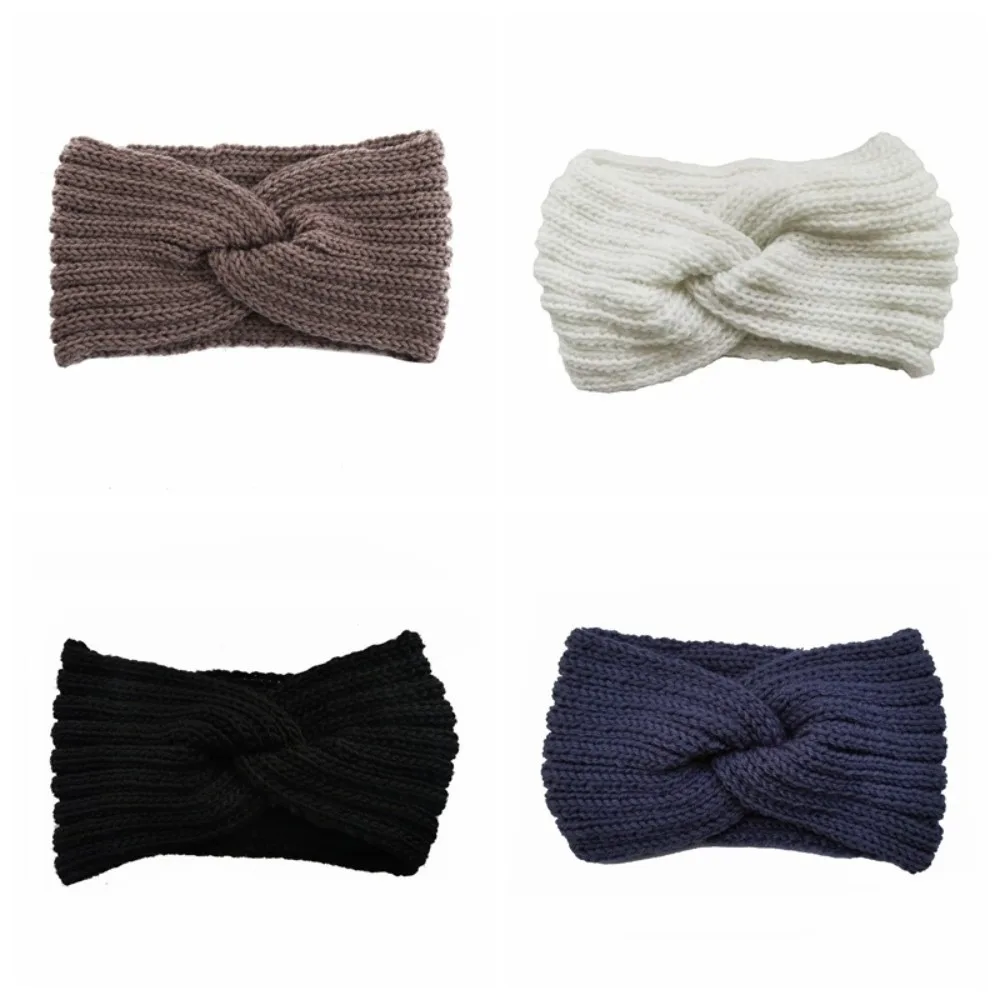 4Pcs Solid Color Knitted Hairband Set Cold Proof Elastic Wide Crochet Head Wraps Polyester Soft Stretchy Cross Knot Headbands