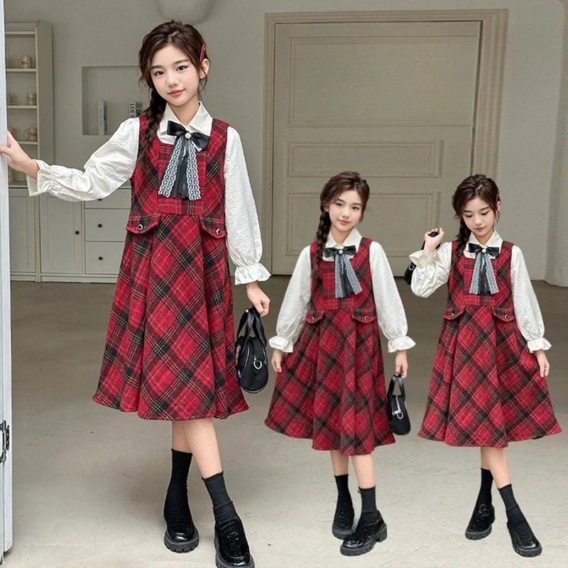 Christmas Red teen girl College Style clothes Set grid vest dress+white shirt 2p junior kid new years dresses suit child outfits