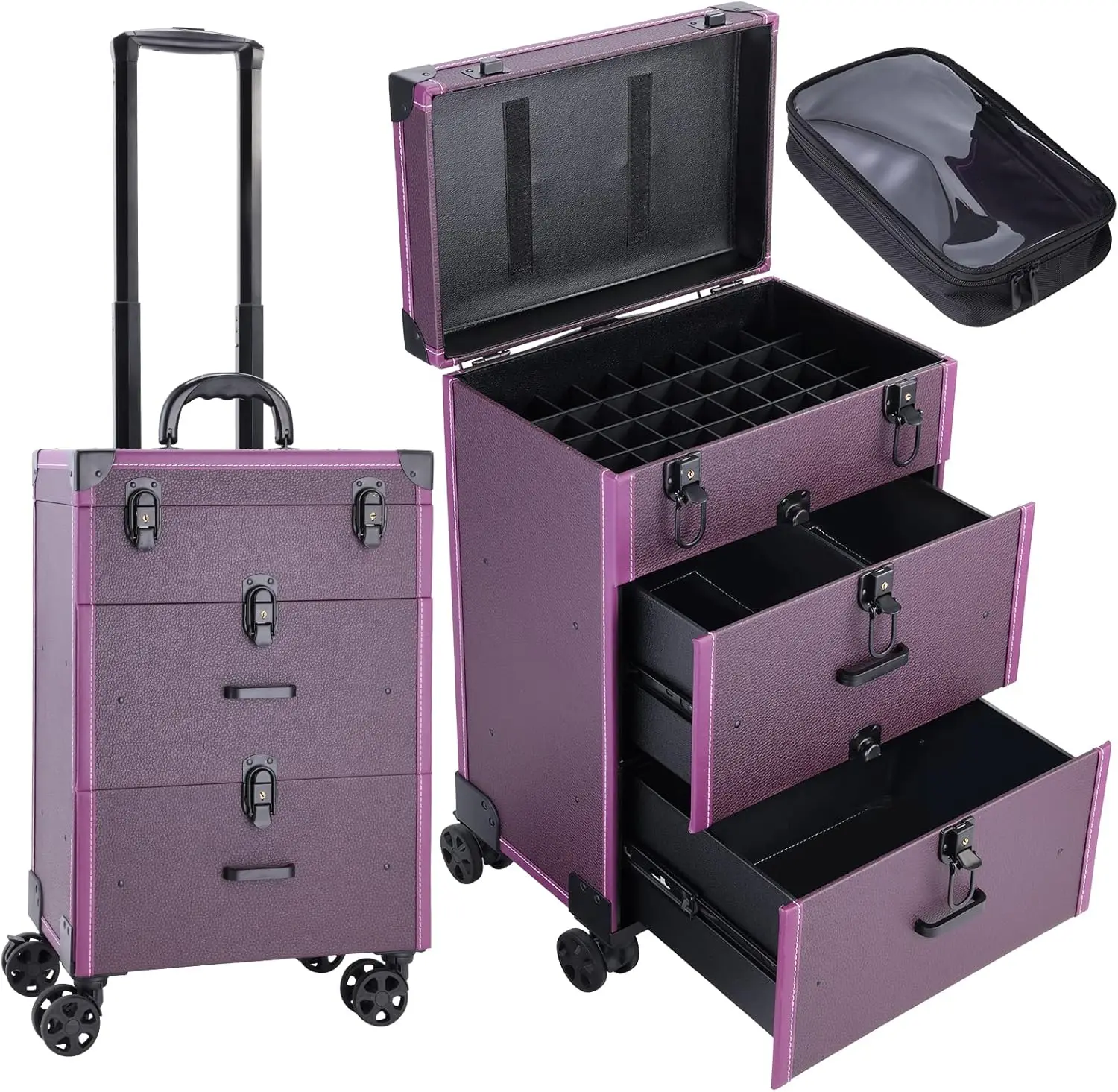 

Rolling Nail Case Wheeled Manicure Storage Organizer with 45 Polish Slots, Removable Drawers, Vegan Leather, for Salon or Travel