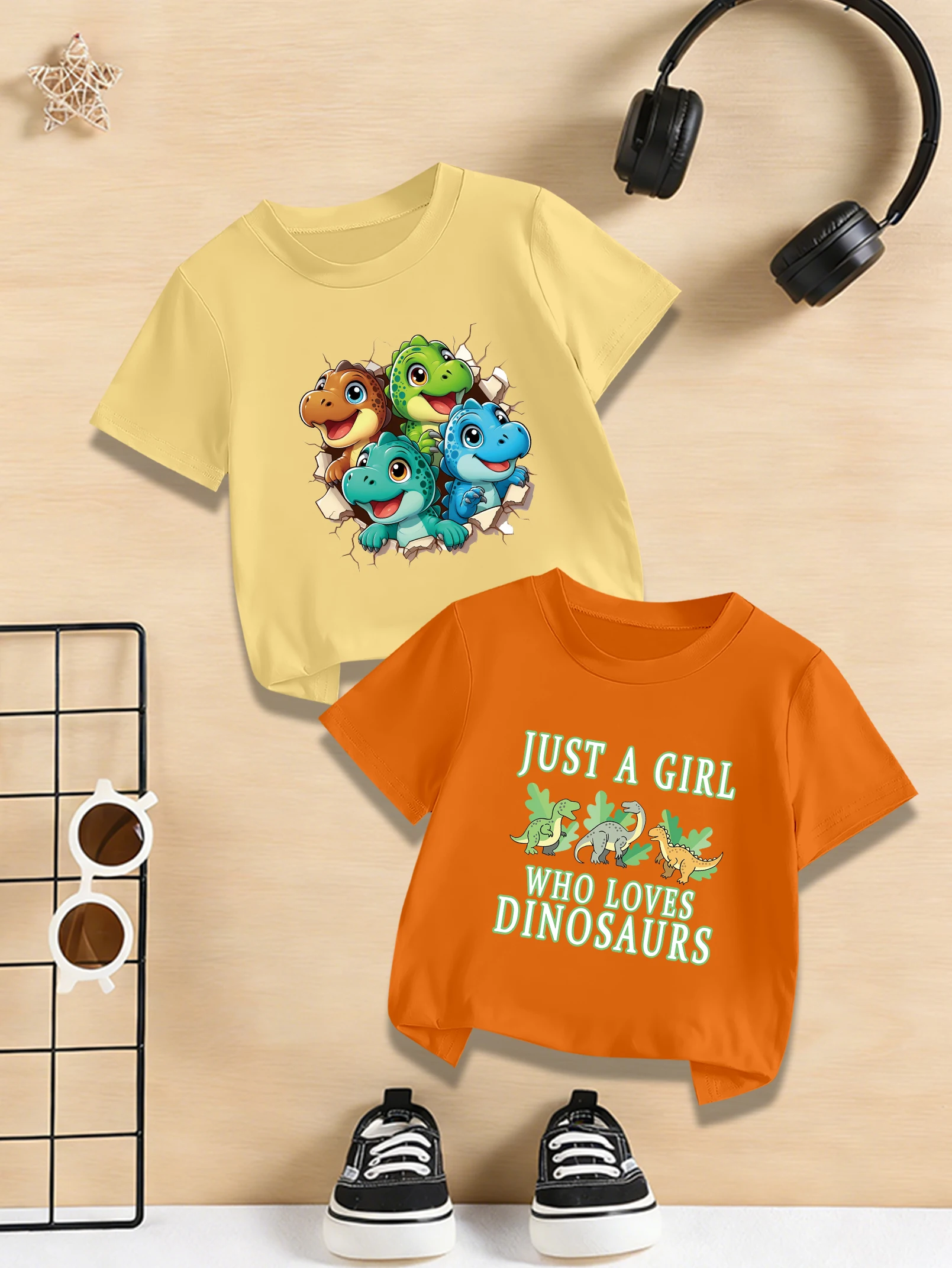 

2 предмета: летняя повседневная футболка для мальчиков с милым мультяшным динозавром и английским принтом