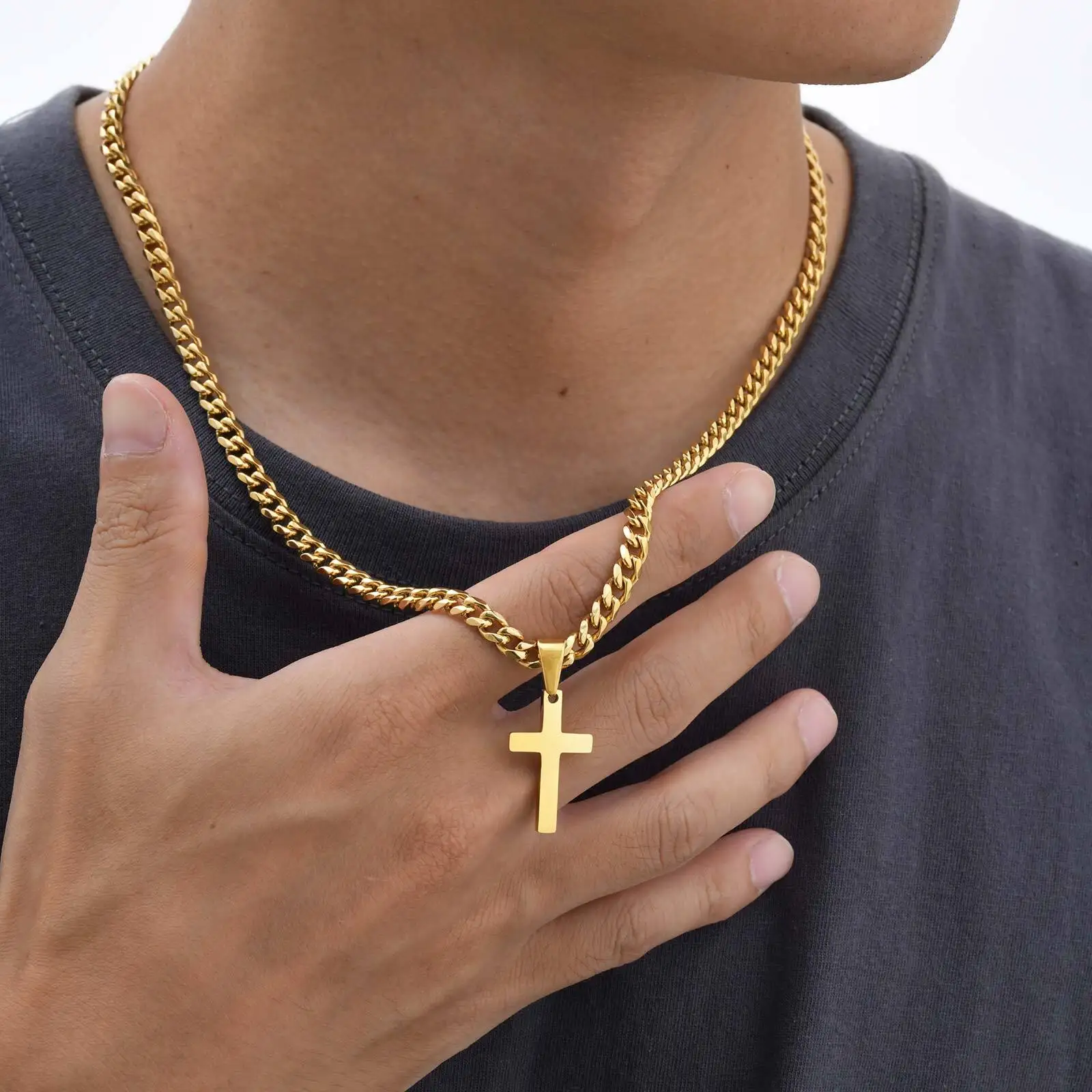 High Quality Cross Necklace for Men Boys,Stainless Steel Pendant with 5MM Cuban Chan,Classic Simple Jewelry Gift