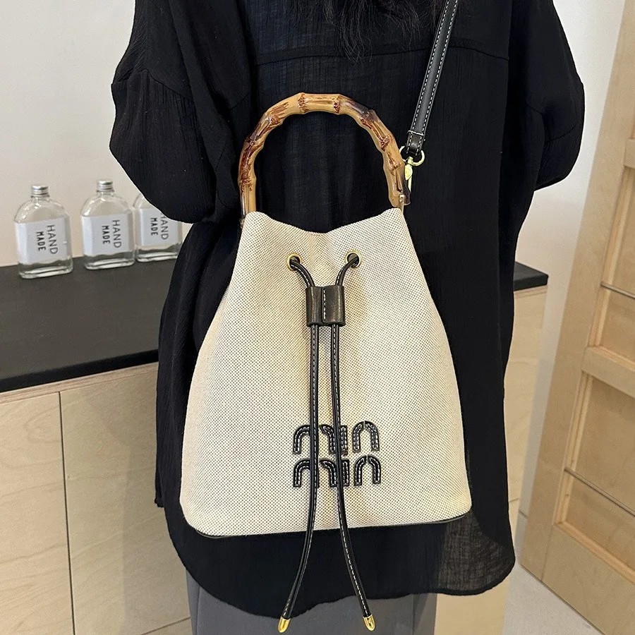 

Women's bag 2025 new large-capacity canvas bamboo bucket bag Women's messenger commuter bag Fashion handbag
