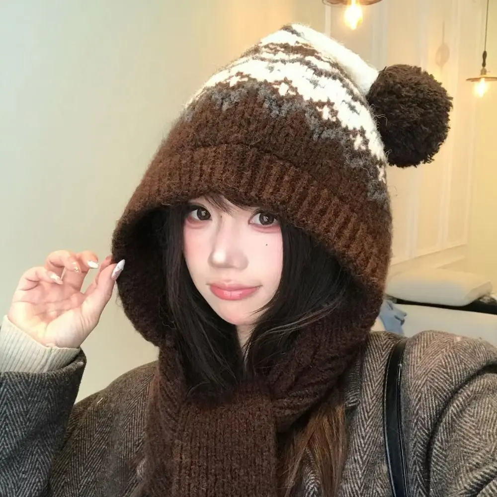 Acrylic Polyester Blend Fair Isle Knitted Hat Scarf Set Thick Material Warm Lining Hooded Neck Warmer Ear Flap Design