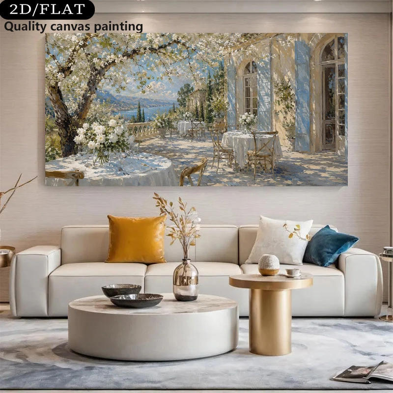 Mediterranean Terrace Wall Art, Coastal Cafe Canvas Print, Blue Shutter Artwork, European Dining Room Decor, No Frame