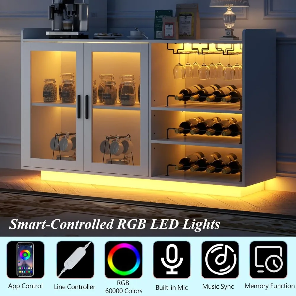 Wine Bar Cabinet with LED Lights, Floating Coffee Bar with Glass Rack and Removable Wine Racks, Modern Buffet Sideboard with St
