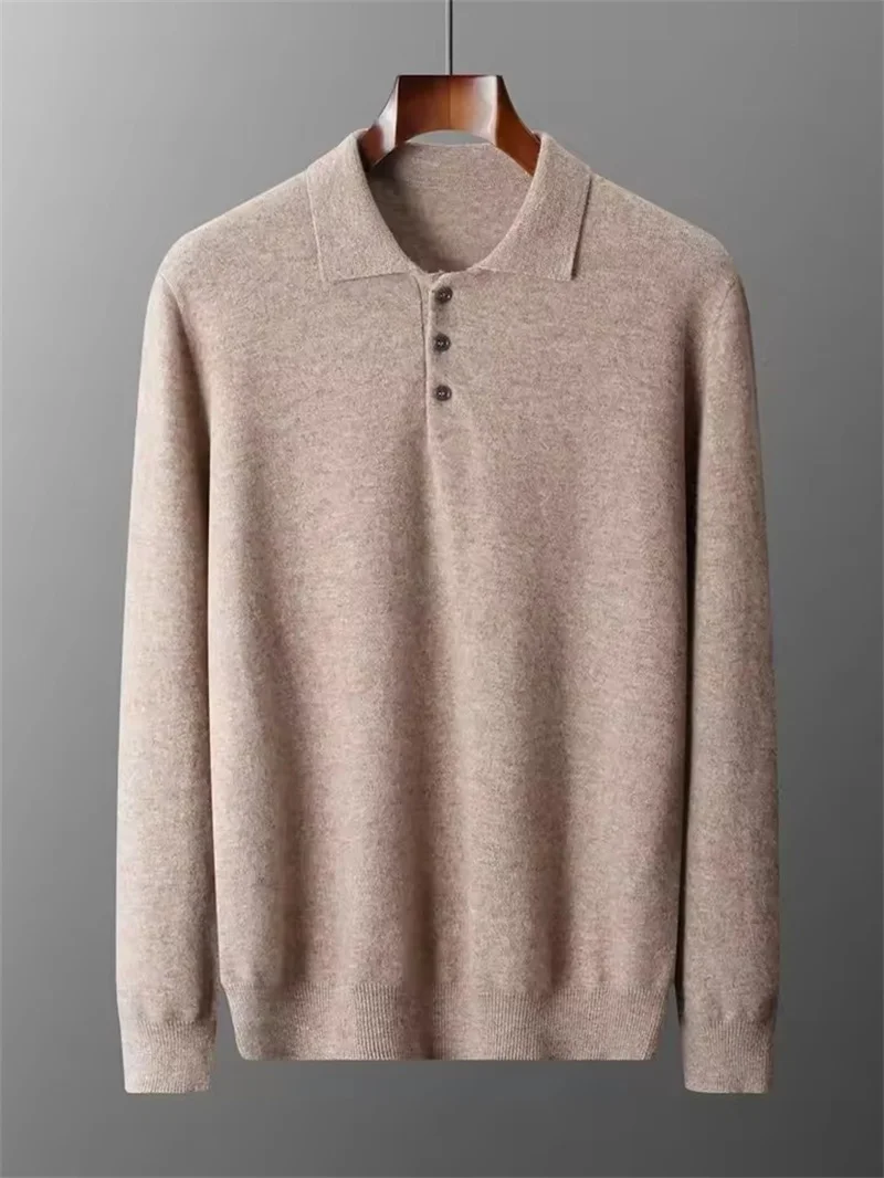 

Men Cashmere Sweater Solid Wool Buttoned Pullover Tops Autumn Winter Polo Collar Knitwear Male Casual Warm Jumper