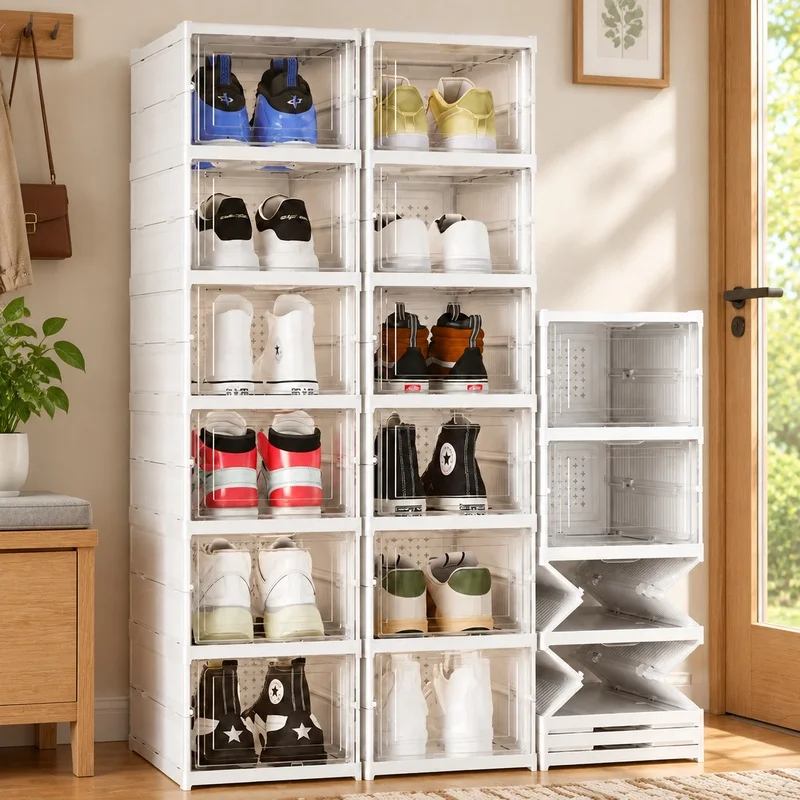 Clear 3-Layer Stackable Shoe Storage Box with Dust Protection and Foldable Build for Sneakers