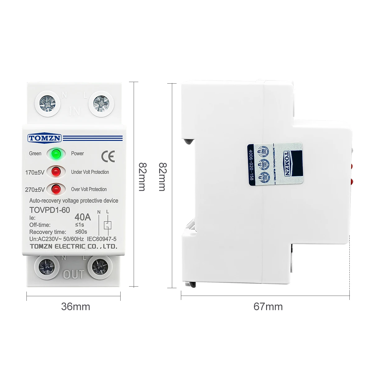 TOMZN 40A 230V AC Din rail 3 LED automatic reconnect over voltage and under voltage protective device protector protection relay