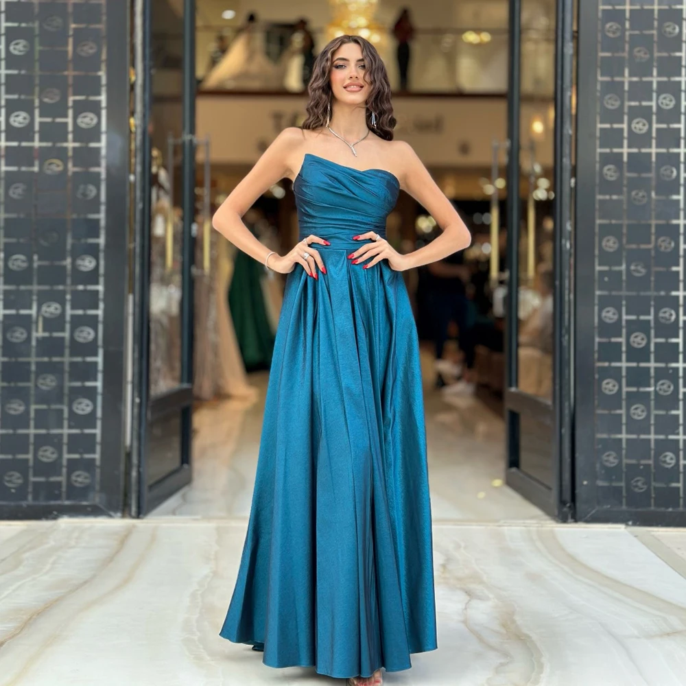

Simple Blue Strapless Evening Dresses Elegant Sleeveless Prom Dress Pleat Party Gowns Floor Length A-Line 2024 فساتين السهرة