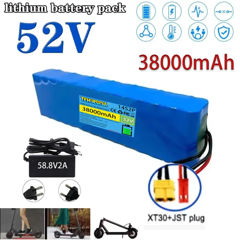 

Batterie Li-ion 14S2P 52V 38000mAH, 1500W, Haute Puissance Pour Vélos, Scooters, Motos, BMS Intégré + Chargeur 58.8V2A