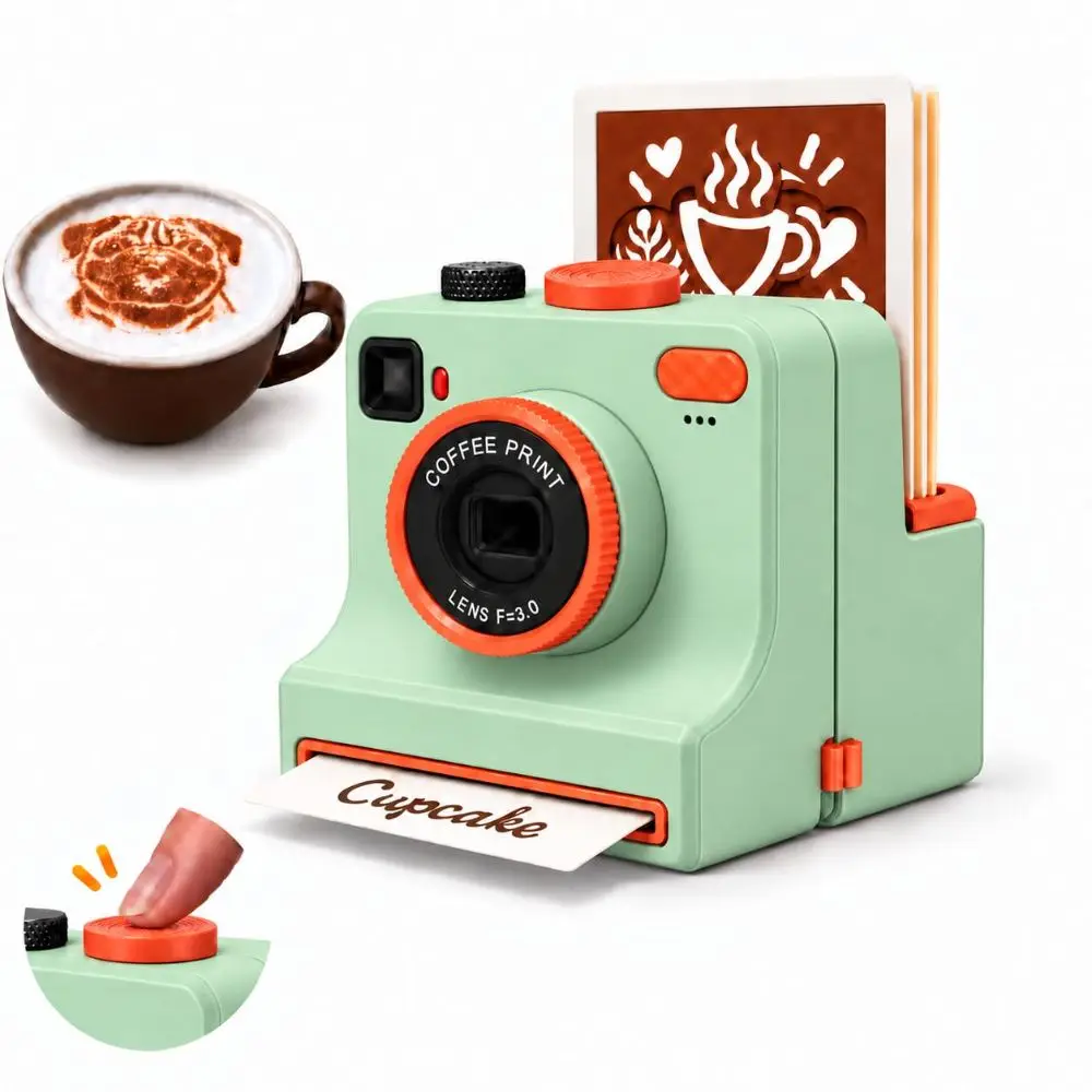 Retro Camera Shape Coffee Latte Art Camera with Template Cards One-Touch Manual Coffee Printer Mechanical Powder Art Maker
