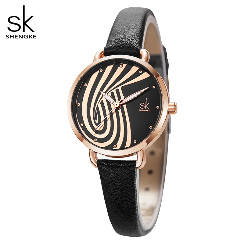 Shengke Original Design Women Watches Fashion Black Leather Strap Woman\'s Quartz Wristwatches New Ladies Clock  Relogio Feminino