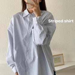 Striped Shirt Women Summer New Fashion Elegant Loose Long Sleeve Top Korean Casual Office Ladies Turn Down Collar Blouse