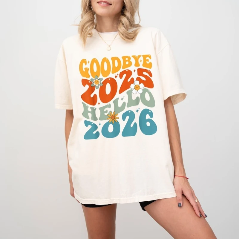 Goodbye 2025 Hello 2026 Retro Groovy New Year T Shirt Colorful Daisy 70s Style Tee Happy New Year Party Outfit Short-sleev