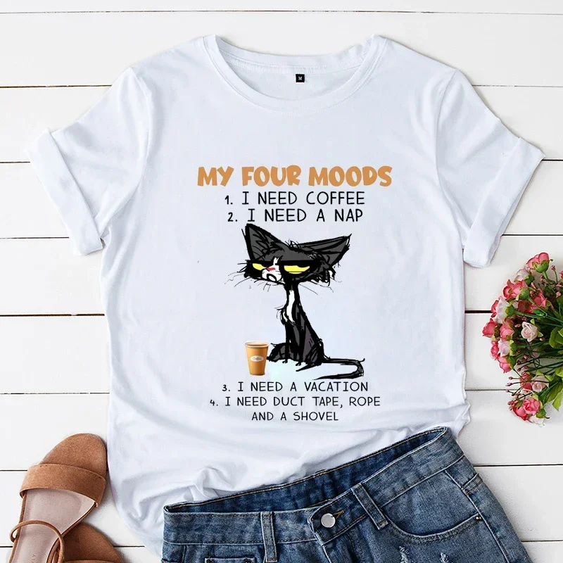 My Four Moods Lazy Cat Anime Tops Short Sleeves Women's T-shirts Tops Cute Coffee Black Sleepy Cat Women Tops Y2k Short Sleeves