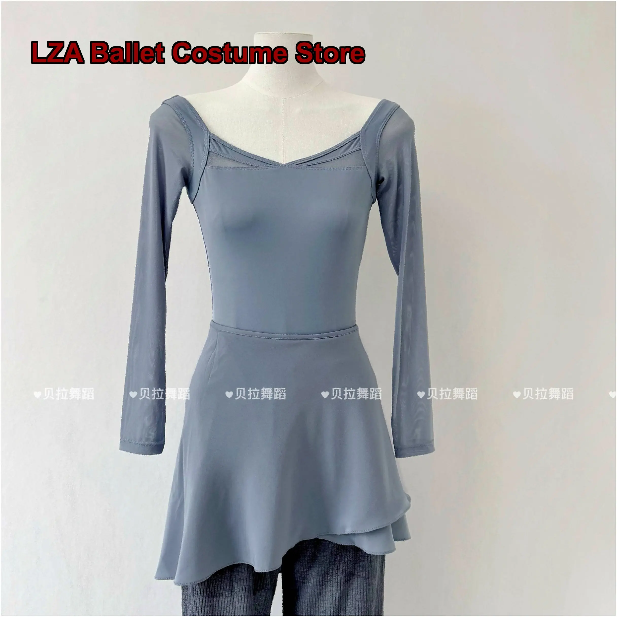 Women's Adult Dance Dress Practice Leotard Square Neck Elegant Mesh Long Sleeves One-Piece Body Suit Yoga Basic Training Unitard