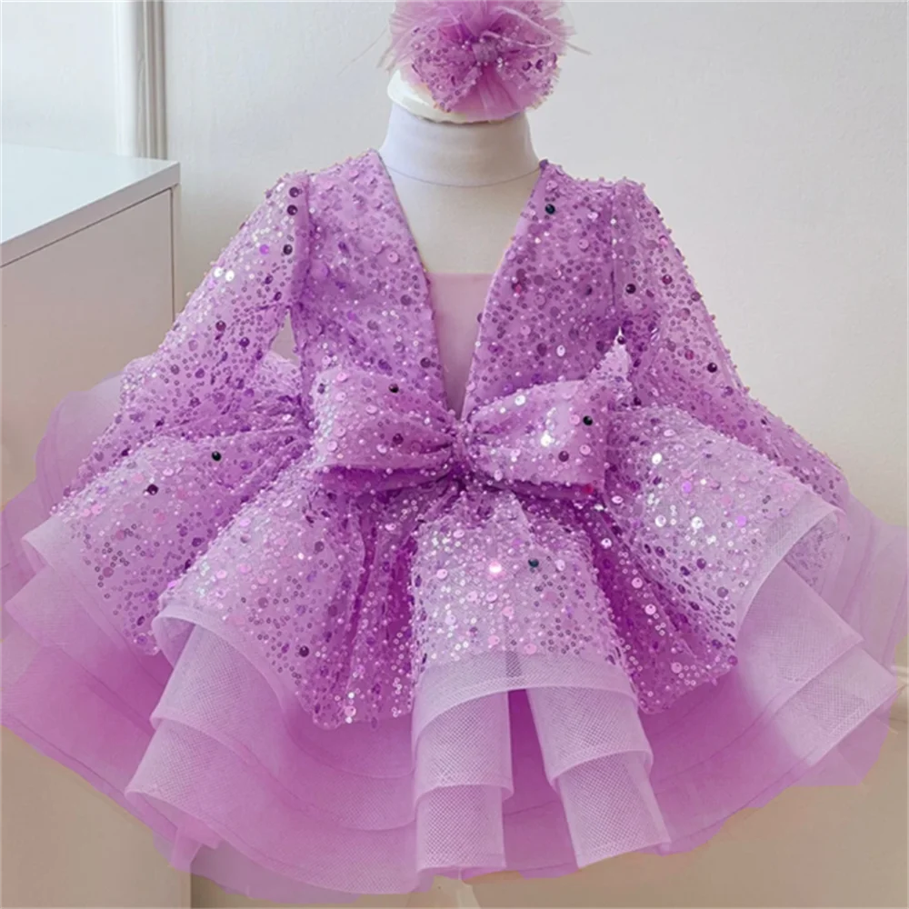 Roxo organza bonito vestidos da menina de flor glitter lantejoulas brilhantes inchado com arco ajuste festa casamento princesa vestidos baile