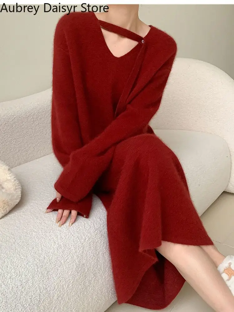 Korean Elegant Red Knitted Dress Women Winter Vintage Irregular V-neck Sweater Dress Casual Fashion Christmas Party Dress New In