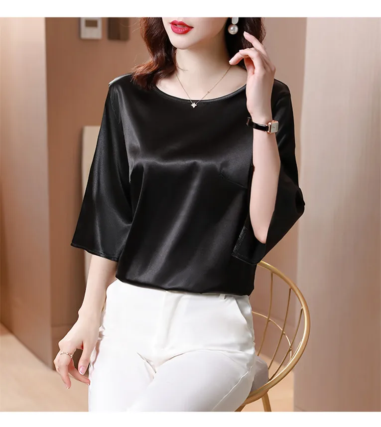 2026 Spring and Autumn New All-match O-neck Three-quarter Flared Sleeve Acetate Satin Blouse tops Basic Simple Ice Silk Shirts