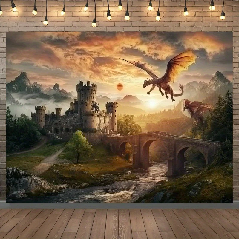 Ultra Detailed Fantasy Dragon Castle Landscape Tapestry Wall Hanging Polyester Home Decor Epic Medieval Art Print Decoration