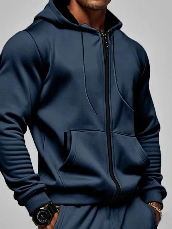 

Long Sve Hooded Casual Sports Suit Pure Color Sportswear Set Loose Fit Polyester Fabric Faion Urban Sle for Men