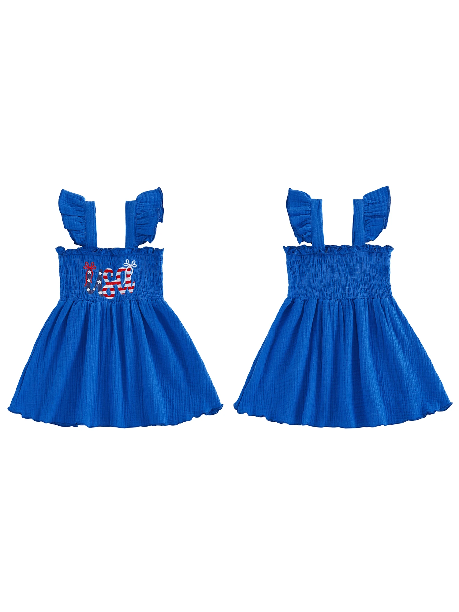 

Toddler Girl s Patriotic Dress with Flying Sleeves Square Neckline and Embroidered Letters - Perfect for 4th of July