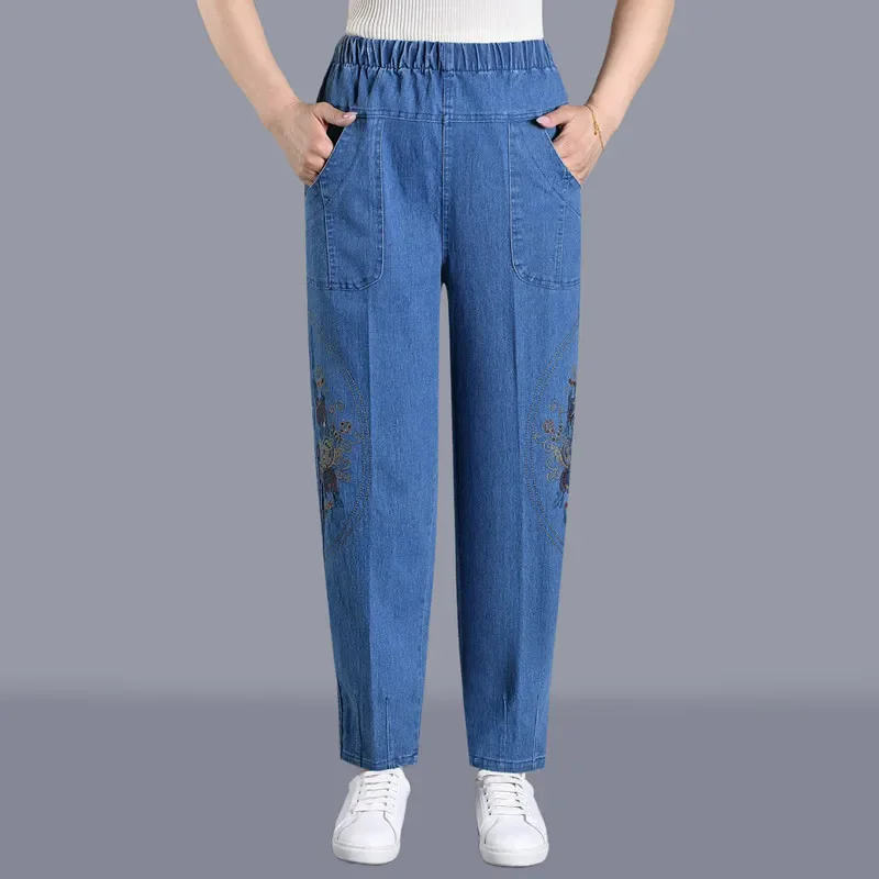 2025 Oversized Summer Casual loose Jean Vintage Embroidery Floral New in Jeans Woman High Waist Denim Trousers long Harem Pants