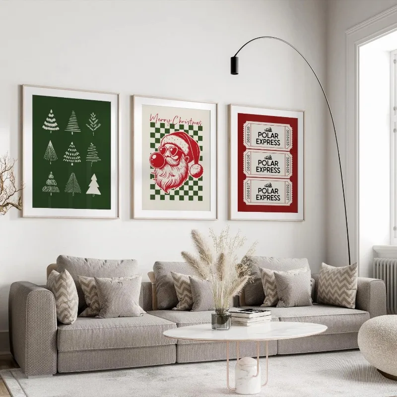 Retro Fun Christmas 3Pcs Canvas Wall Art Xmas Trees Cool Santa Polar Express Ticket Prints Modern Xmas Home Decor Unframed