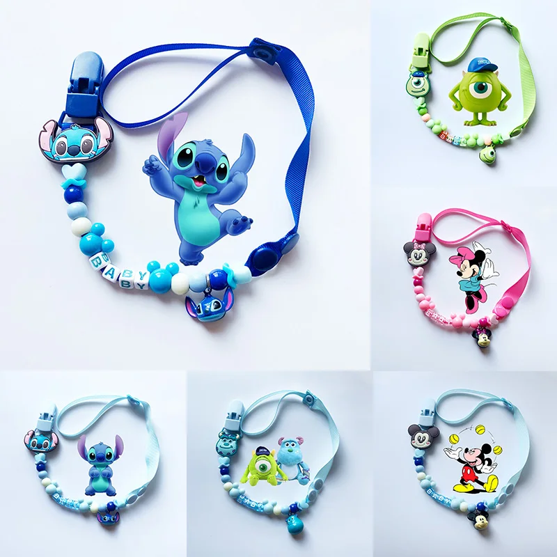 Disney Baby Pacifier Chain Clips Stitch Mickey Winnie The Pooh Anime Figure for Kids Teether Silicone Chains Anti-lost Molar Toy