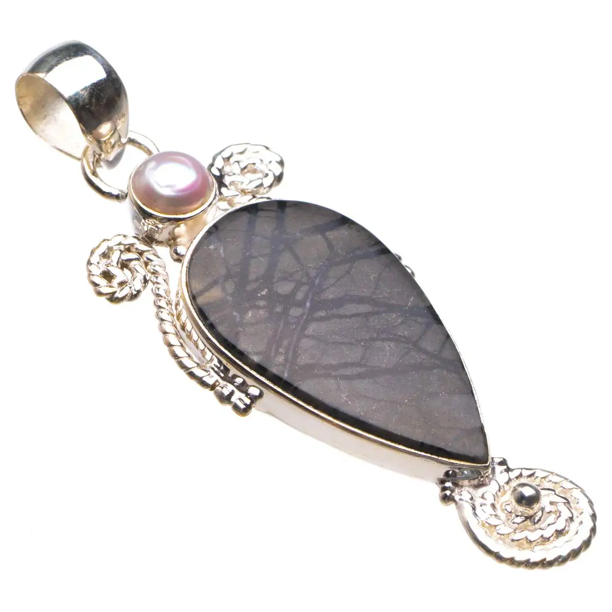 

StarGems® Natural Picasso Jasper And River Pearl Handmade 925 Sterling Silver Pendant 2.25" D1990