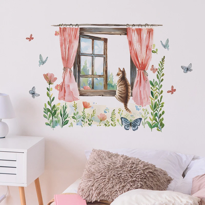 Spring Window Cat Flower Butterfly Children's Room Bedroom Living Room Porch Home Beautification Wall Sticker