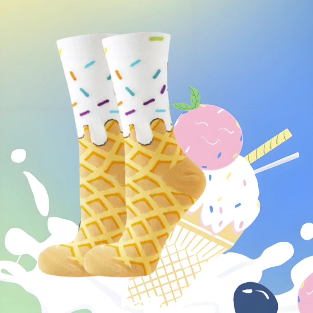 1/2 pares de calcetines con patrón de helado de gofre de dibujos animados, novedad divertida, perfectos para trajes casuales o juguetones unisex