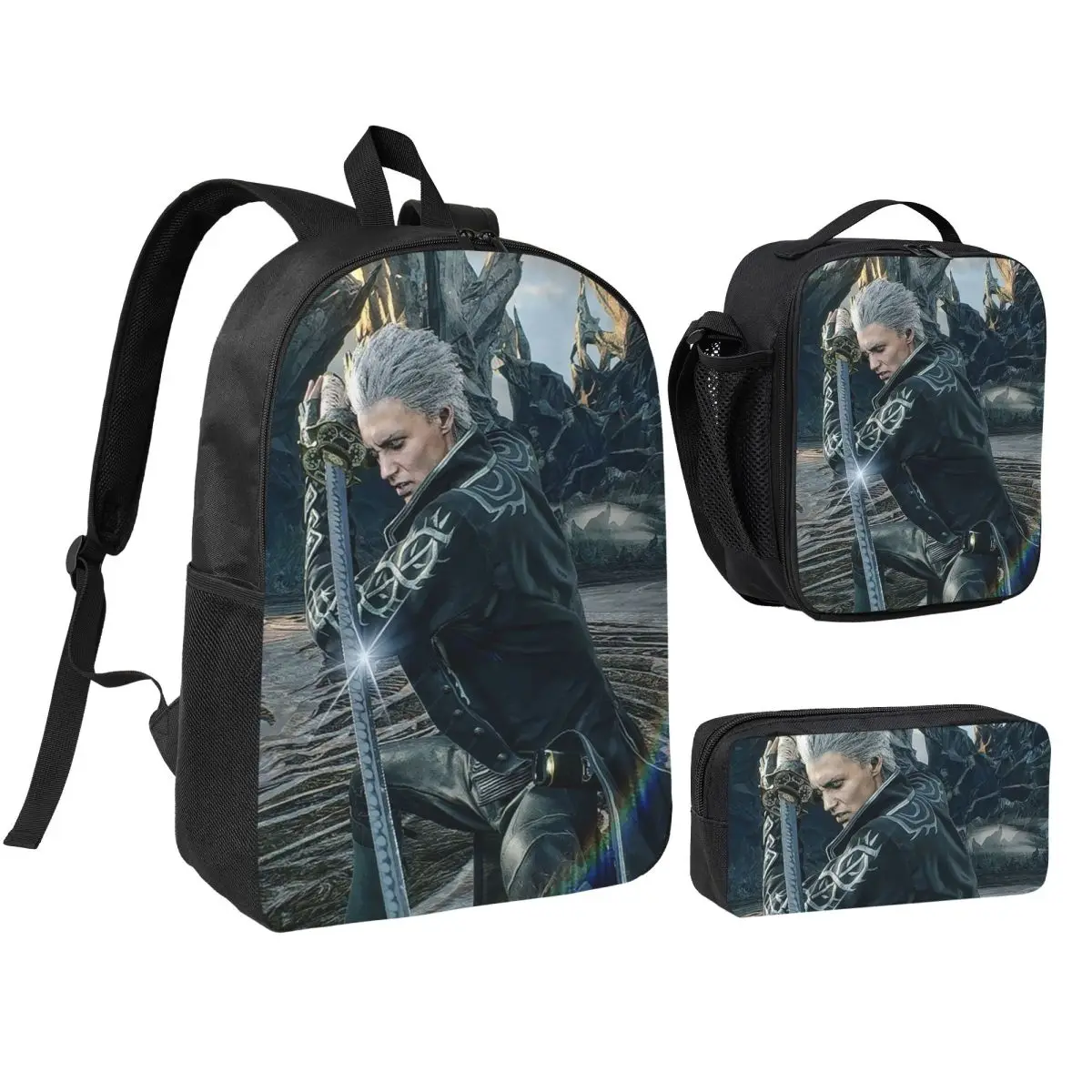 Vergil From The Devil May Cry Seri Backpack Student BookBag School Bag Shoulder Bags 3ps Insulated Lunch Bag Pencil Case