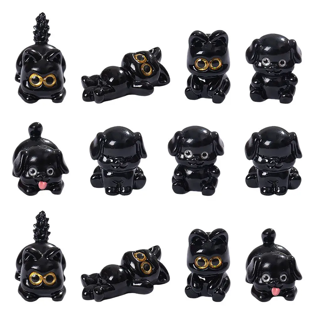 12Pcs Black Resin Mini Dog and Cat Statues Realistic Detailed Garden Decor Fairy Garden Accessories DIY Terrarium Moss Landscape
