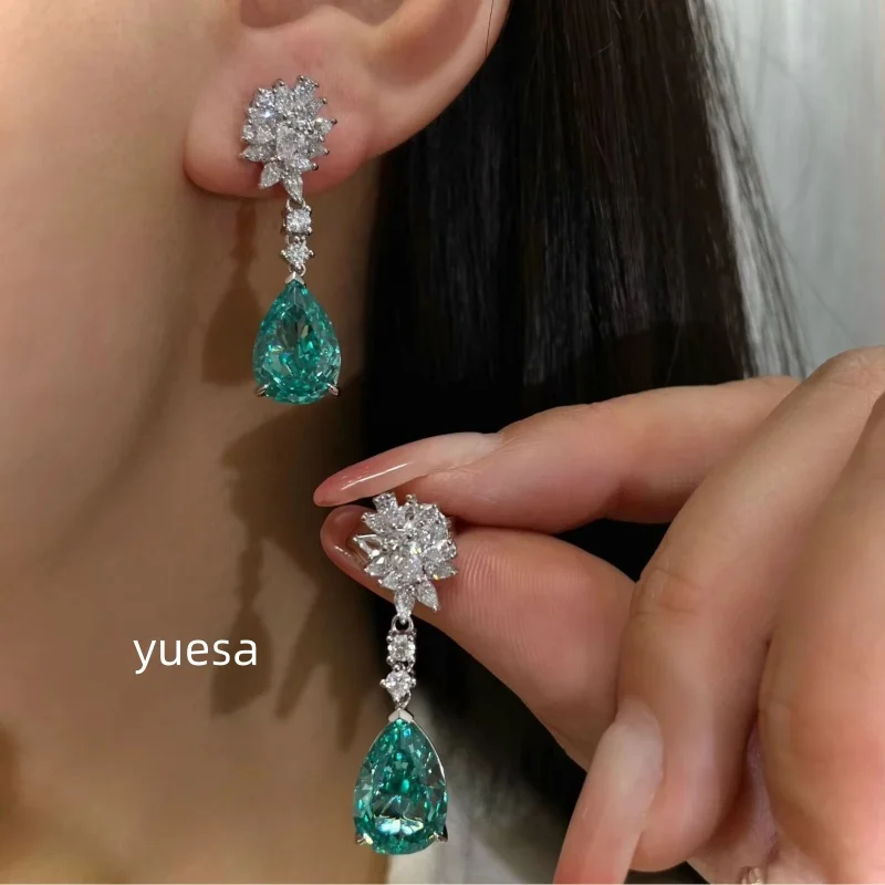Ladies' 925 Silver Earrings S925 Paraiba Teal Large Drop Stud with Cubic Zirconia & Emerald Rare Temperament Breeding Jewelry
